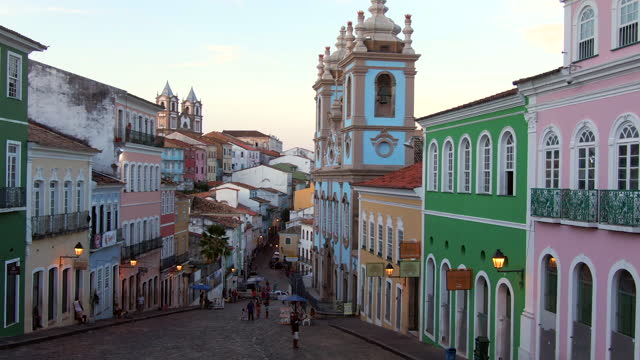 Salvador, Bahia, Brazil, Aerial View of the Historical District of Pelourinho Showing Colourful Colonial Buildings at Sunset