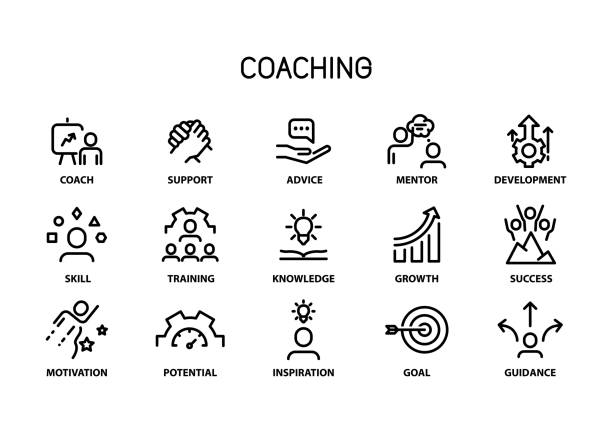 ilustraciones, imágenes clip art, dibujos animados e iconos de stock de conjunto de iconos de coaching y mentoring - mentoría