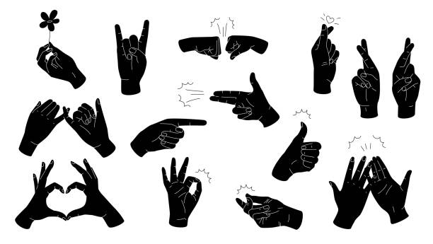 Simple Hand Gestures Black Silhouettes Simple hand gestures black silhouettes. Vector set isolated on white background. OK, love, pinky swears, high five, fist bump, fingers crossed, and pointing gestures. hand sign stock illustrations