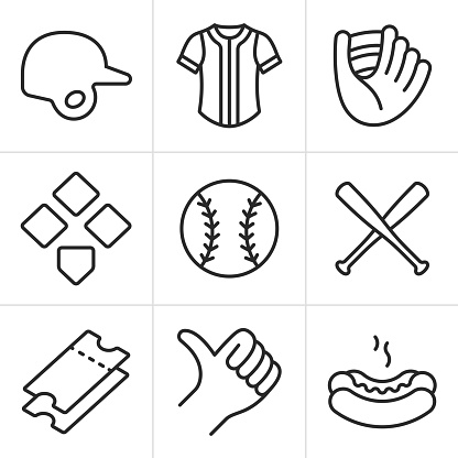 Baseball or softball line icons and symbols showing jersey, baseball mitt, helmet, bases, bats, tickets, umpire symbol, and hot dog.