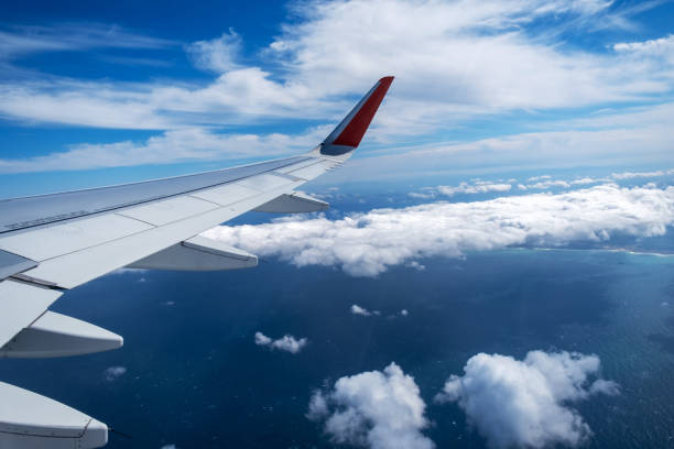 istock Classic image through aircraft window onto wing. Flight view over sea in cloudy weather 1364241623