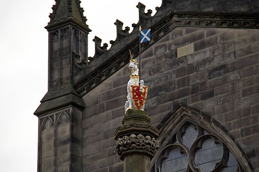 Edinburgh, Scotland - September 16, 2019: the heraldic unicorn on Edinburgh's Royal Mile.