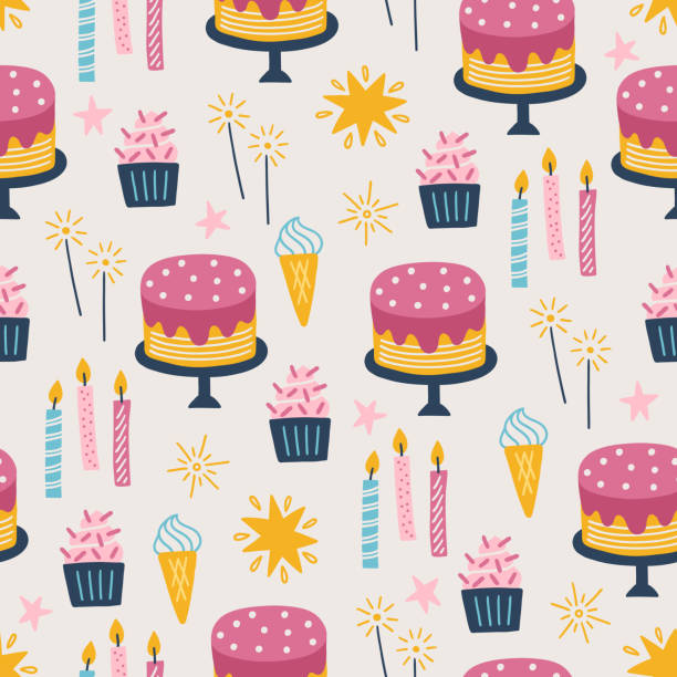 бесшовный узор на день рождения с тортами, мороженым, бенгальскими огнями, звездами, свечами - birthday birthday card cake cupcake stock illustrations