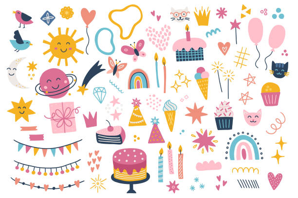 elementy projektu urodzin - słońce, ciasto, lody, balon, świece, gwiazdki - birthday birthday card cake cupcake stock illustrations