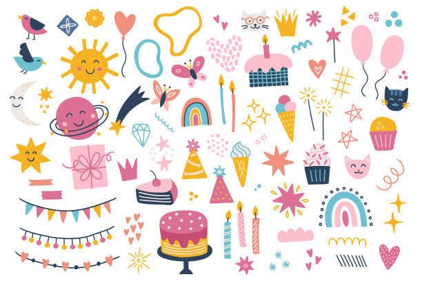 ilustrações, clipart, desenhos animados e ícones de elementos de design de aniversário - sol, bolo, sorvete, balão, velas, estrelas - birthday birthday card cake cupcake