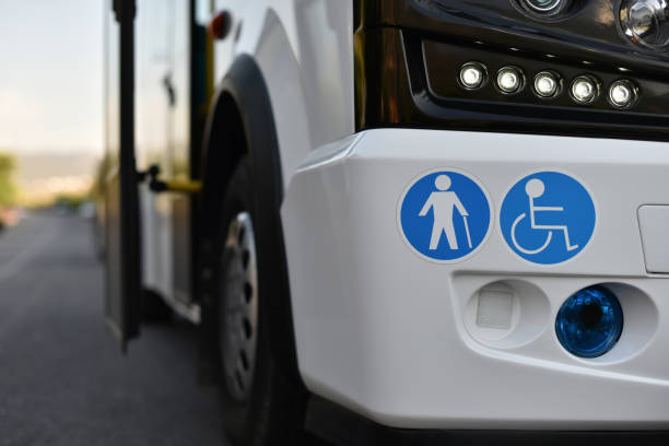 shuttle bus stickers of places for a disabled person and elderly on body of small shuttle bus bus livery stock pictures, royalty-free photos & images