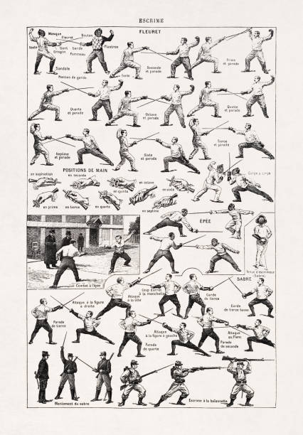 19th century illustration about fencing Illustration printed in a late 19th century french dictionary depicting all the fencing moves with foil and epee. fencing sport stock illustrations