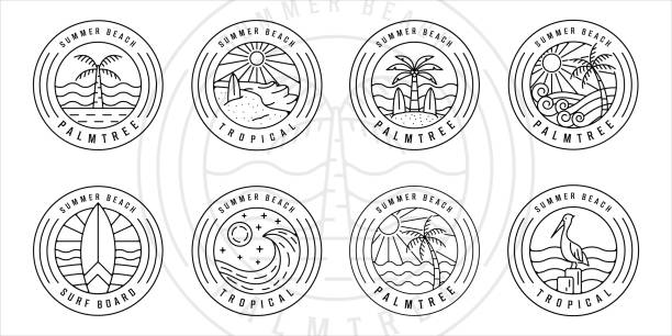 ilustrações, clipart, desenhos animados e ícones de conjunto de ilha tropical e logotipo da palmeira logotipo linha art vector ilustração ícone design gráfico ícone. coleção pacote de vários ícones paradisíaco com crachá de círculo de tipografia - surf