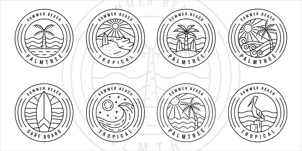 set of tropical island and palm tree  line art vector illustration template icon graphic design. bundle collection of various paradise icon with typography circle badge
