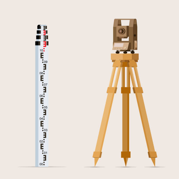 ilustrações de stock, clip art, desenhos animados e ícones de high detailed vector illustration of survey and mapping equipment,  theodolite, levelling rod - levelling instrument