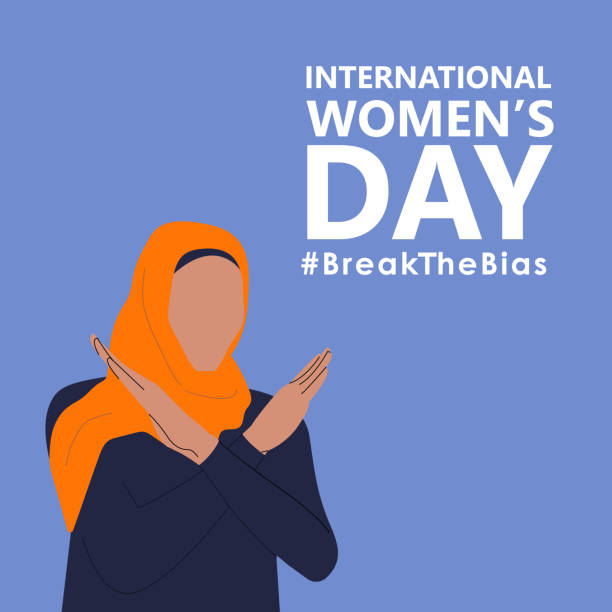ilustrações de stock, clip art, desenhos animados e ícones de international womens day. 8th march. poster with beautiful muslim woman with cross arms. hashtag breakthebias campaign. vector illustration in flat style for web, banner, social networks. eps 10. - mundial 2022