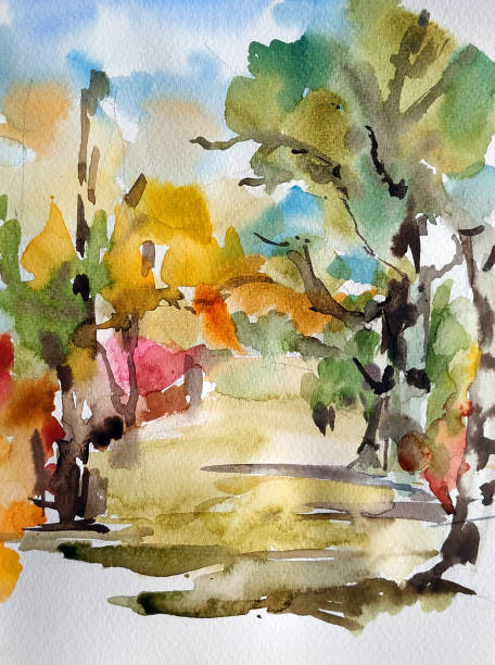 istock Watercolor colorful bright textured abstract background handmade . Mediterranean landscape . Painting of  vegetation of the park , 1364249964