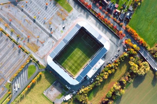 Paderborn, North Rhine-Westphalia, Germany - October 2021: Autumn aerial landscape near Benteler-Arena, home stadium of 2. Bundesliga football club SC Paderborn 07
