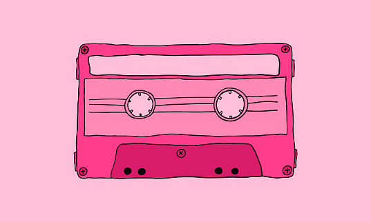 cassette cartoon illustration in pink.