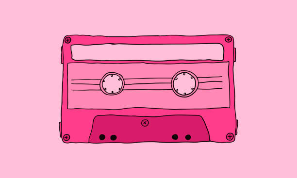 cassette cartoon illustration in pink. cassette cartoon illustration in pink. hand-drawn vector illustration of the old equipment. analog media for recording and listening in the past. mixtape stock illustrations