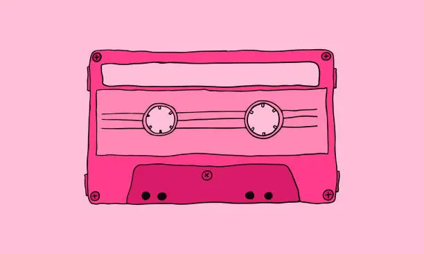 Vector illustration of cassette cartoon illustration in pink.