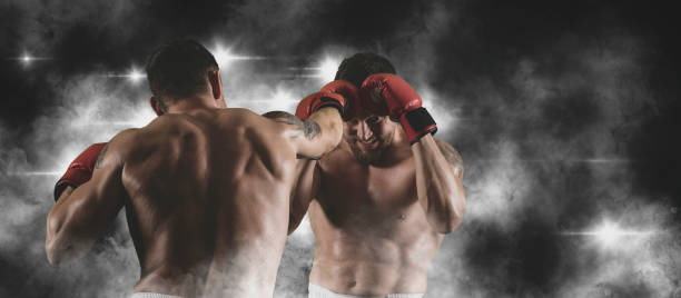 box professional match on smoke background. two image of the same model - boxing combative sport defending protection imagens e fotografias de stock