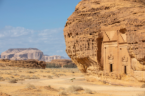 ancient and famous burial chambers of Hegra, carved into sand stone in Al Ula, in Saudi Arabia