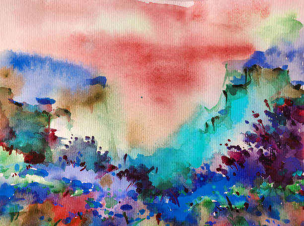 istock Watercolor colorful bright textured abstract background handmade . Mediterranean landscape . Painting of  vegetation of the sea coast 1364252580