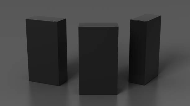 istock Gift box mock up: three flat, tall and wide black boxes on gray background. View above. 1364254320