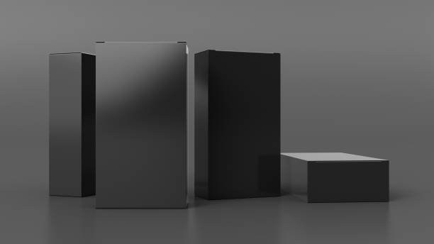 istock Gift box mock up: four tall, wide and flat black boxes on gray background. Front view. 1364255028