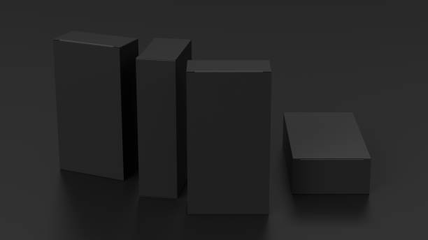 istock Gift box mock up: four tall, wide and flat black boxes on BBB background. View above. 1364255044