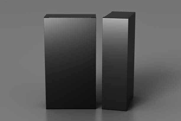 istock Gift box mock up: two tall and wide black boxes on gray background.  View above. 1364255583
