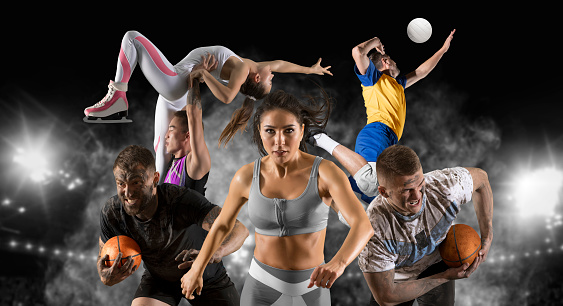 Sport collage. Running, figure skating, rugby, volleyball on dark sky background