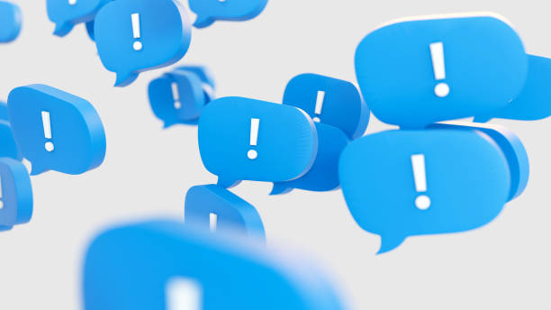 Exclamation Mark Symbol Social Media Speech Bubbles Exclamation mark on 3D social media blue speech bubbles on a white background guest book photos stock pictures, royalty-free photos & images