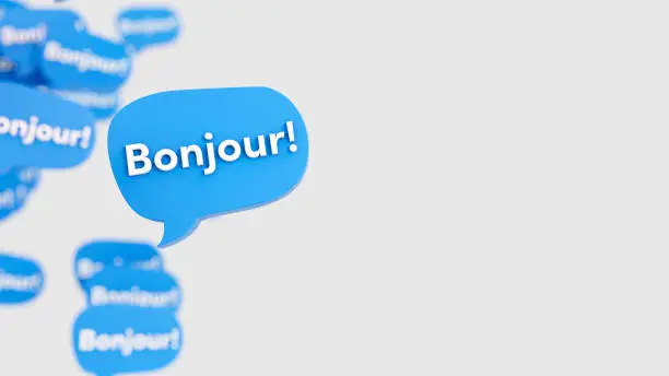 French Greeting Word Bonjour on 3D social media blue speech bubbles on a white background