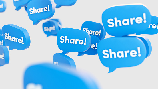 Share text on 3D social media blue speech bubbles on a white background