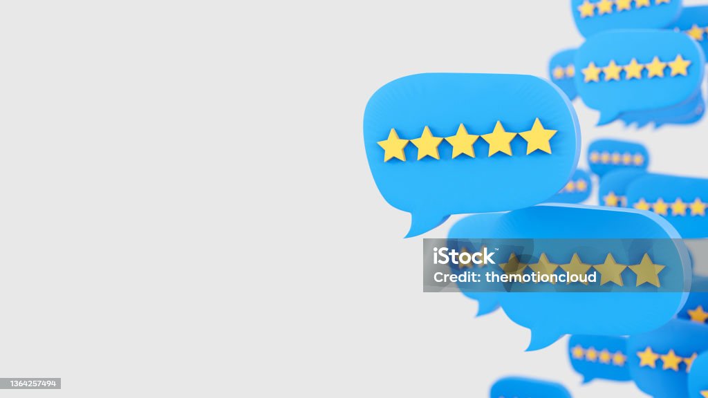 Five Stars, Favorite, Rating Social Media Speech Bubbles Star icons on 3D social media blue speech bubbles on a white background Rating Stock Photo
