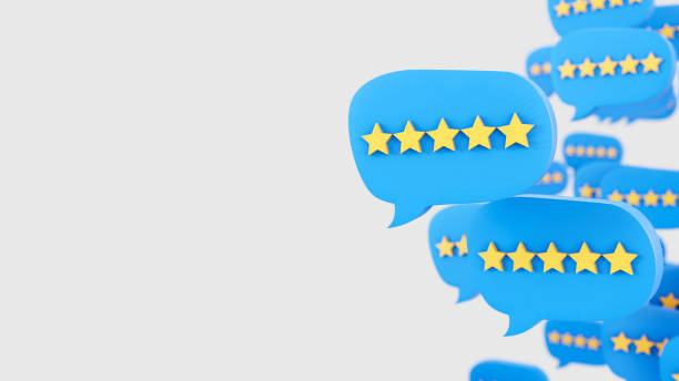 Five Stars, Favorite, Rating Social Media Speech Bubbles Star icons on 3D social media blue speech bubbles on a white background rating stock pictures, royalty-free photos & images