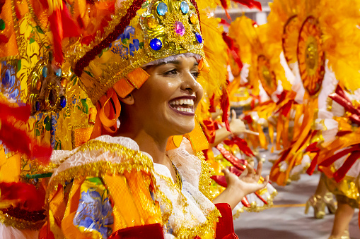 Sao Paulo, Brazil - February 21:  People watch the colorful display of floats and performances on the first day of Carnival on February 21, 2020 at Sambódromo do Anhembi in Sao Paulo, Brazil. The events were one of the last major public celebrations before the beginning of the COVID-19 pandemic.