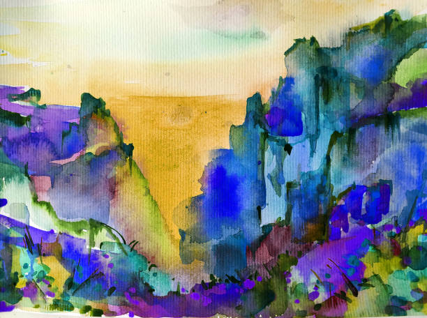 istock Watercolor colorful bright textured abstract background handmade . Mediterranean landscape . Painting of  vegetation of the sea coast 1364261211