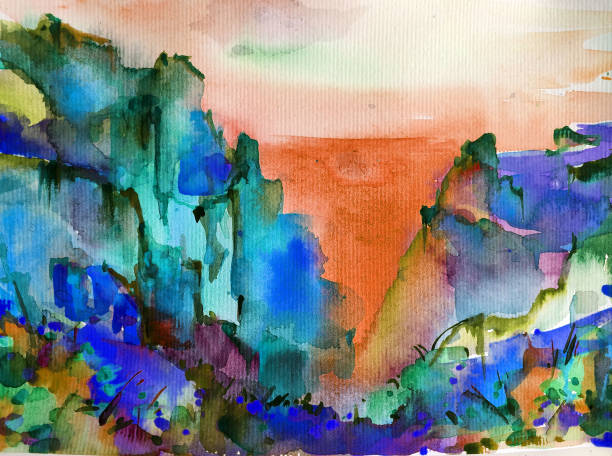 istock Watercolor colorful bright textured abstract background handmade . Mediterranean landscape . Painting of  vegetation of the sea coast 1364261729