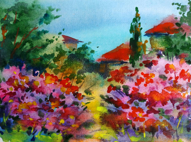 istock Watercolor colorful bright textured abstract background handmade . Mediterranean landscape . Painting of  vegetation of the park , 1364261741