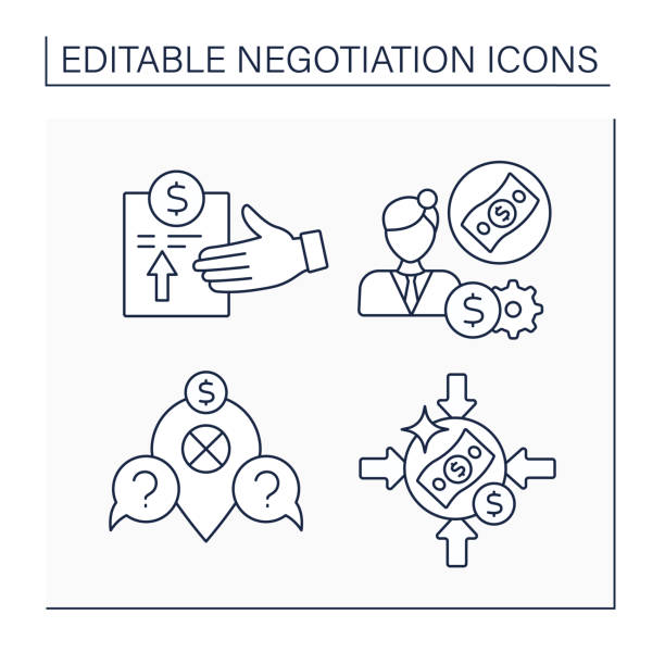 zestaw ikon linii negocjacji - discussion interview talking place of work stock illustrations