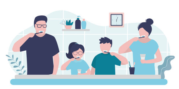 Family doing morning routine together. Parents and children brush teeth in bathroom. Oral hygiene and prevention of dental diseases Family doing morning routine together. Parents and children brush teeth in bathroom. Oral hygiene and prevention of dental diseases. Characters clean teeth with toothbrushes. Flat vector illustration toothbrush toothpaste backgrounds beauty stock illustrations