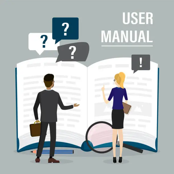 Vector illustration of Two business people or employees reads open guide textbook. FAQ, finding answers, solving problems. User manual, concept banner. Teamwork