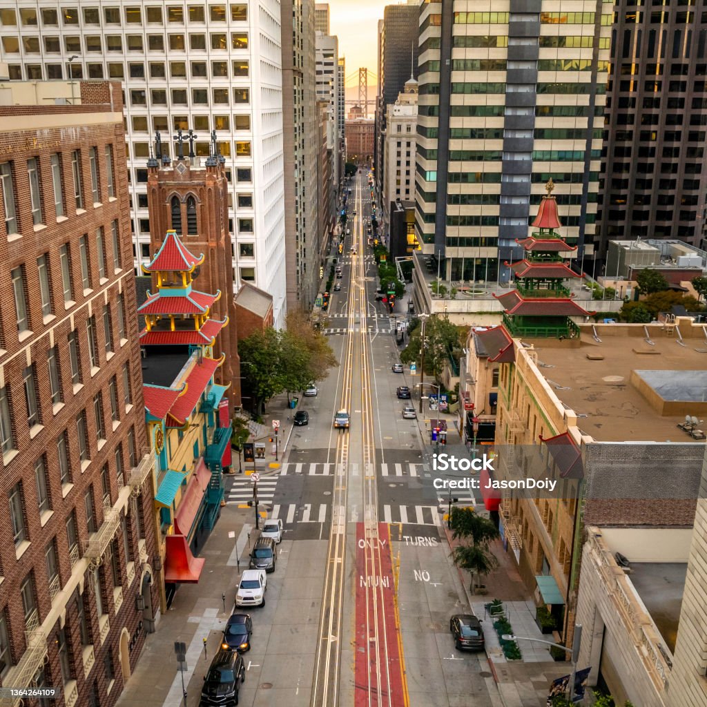 San Francisco Chinatown and Financial District High quality stock photo looking down California Street towards the financial district with Chinatown in the foreground. Architecture Stock Photo