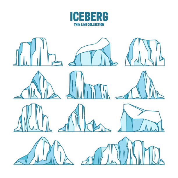 schwimmende eisberge skizzensammlung. treibender arktischer gletscher, block aus gefrorenem meerwasser. eisige berge mit schnee. schmelzende eisspitze. antarktische schneelandschaft. umrisszeichnung. vektorillustration - iceberg ice glacier cartoon stock-grafiken, -clipart, -cartoons und -symbole