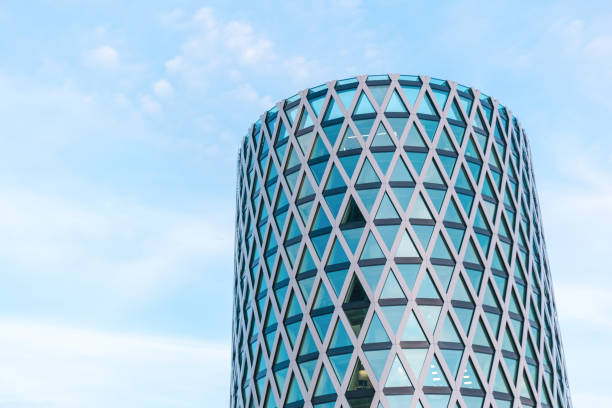 Highly detailed abstract modern architecture futuristic building on dramatic blue sky. Minimalistic style. Beautiful blue sky. Perfect for background, copy space and more. Shot in Sofia, Bulgaria.