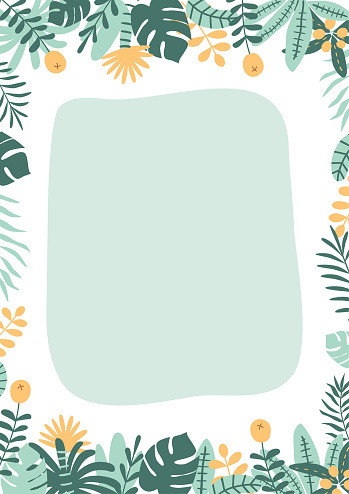 Jungle party template. Green tropical palm leaves frame border. Wild party design. Safari banner. Hawaii birthday party invite. Summer bright vector illustration. Green birthday card. Rainforest card.