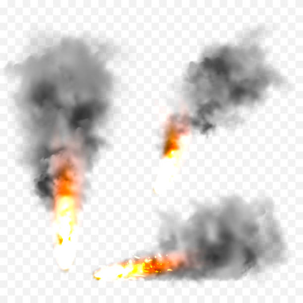 realistyczne czarne chmury dymu i ogień. wybuch płomienia, eksplozja. strumień dymu z płonących przedmiotów. pożary lasów. przezroczysty efekt mgły. wektorowy element projektu - wildfire smoke stock illustrations