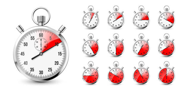 istock Realistic classic stopwatch icons. Shiny metal chronometer, time counter with dial. Red countdown timer showing minutes and seconds. Time measurement for sport, start and finish. Vector illustration 1364268937