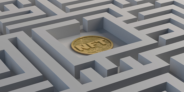 NFT inside a maze. Non fungible token investment concept of crypto art on the blockchain. Copy space. 3D illustration.