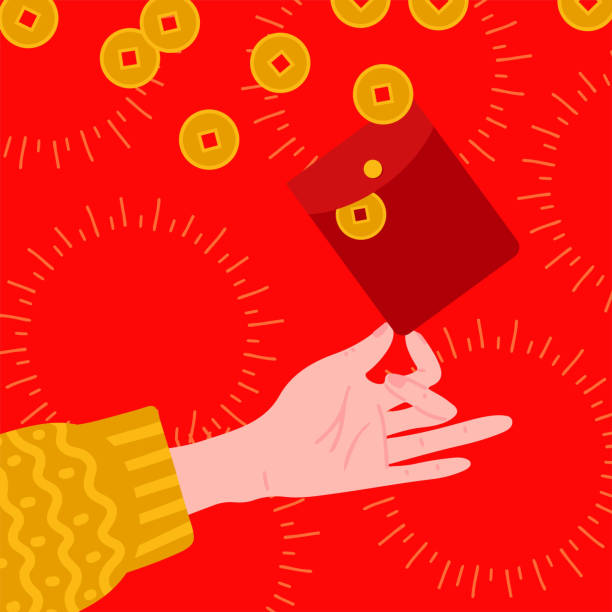 illustrazioni stock, clip art, cartoni animati e icone di tendenza di mano che tiene hongbao rosso - busta cinese rossa con monete d'oro. distribuisci denaro in pacchetti rossi di carta alla famiglia. illustrazione vettoriale piatta per la celebrazione del capodanno orientale. - hongbao