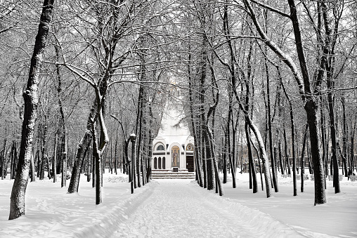 Ryazan, Russia - January 2, 2022. Chapel of All Saints, in a snowy park.
