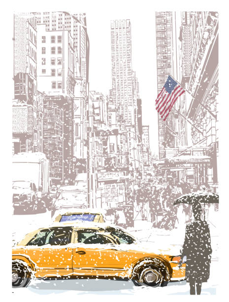 View of Manhattan under snow View of Manhattan under snow - vector illustration (Ideal for printing on fabric or paper, poster or wallpaper, house decoration) new york skyline drawing stock illustrations